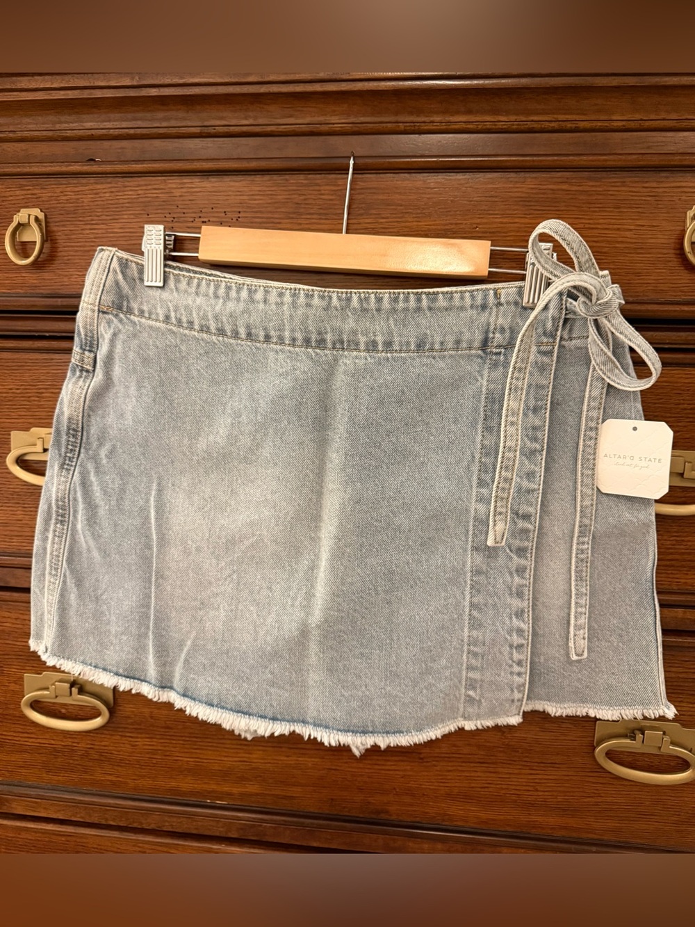Altard State Light Wash Denim Wrap Mini Skirt